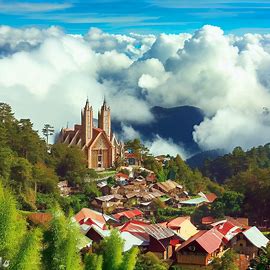 A picturesque view of a mountain village built in the traditional Igorot style, surrounded by lush forests and cotton clouds floating in the sky, with the iconic Baguio Cathedral in the forefront.. Image 3 of 4