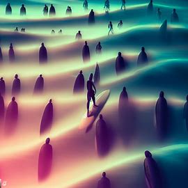 Create a surreal image of a surfer navigating through a sea of people standing on their surfboards.. Image 3 of 4