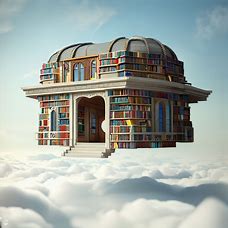 Design a dreamy library made entirely from books and floating in the clouds.