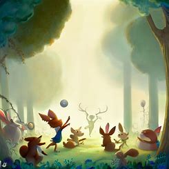 Illustrate a whimsical scene of woodland creatures playing a game of volleyball in a forest clearing.