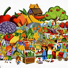 A whimsical representation of a local farmer's market, featuring an array of colorful crops, baskets, and joyful customers