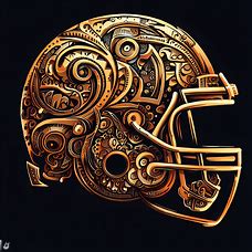 Create an imaginative take on a football helmet, with intricate designs and embellishments that make it truly unique.