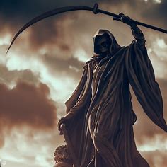Create an image of a majestic classical statue of the grim reaper holding a scythe in a grand pose
