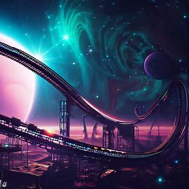 Create an image of a science-fiction roller coaster that takes riders on an intergalactic adventure.. Image 3 of 4