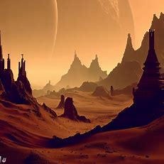 Picture a breathtaking landscape of Martian mountains and deserts, dotted with ancient ruins and towering spires.