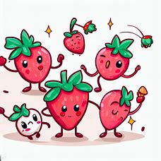 Design a charming and playful scene of a team of dancing strawberries, each with their own unique personalities and expressions.