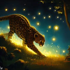 Paint a picture of a jaguar hunting at night in its natural habitat, surrounded by glowing stars.. Image 2 of 4