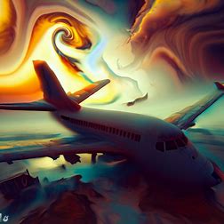 Create a surreal image of a plane crash scene set in an alternate dimension.