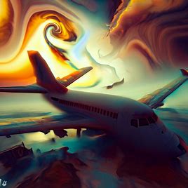 Create a surreal image of a plane crash scene set in an alternate dimension.