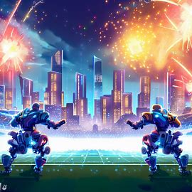 Illustrate a city skyline at night, showing a bright display of lights and fireworks, as two teams of robots face off in a high-stakes soccer match.. Image 3 of 4