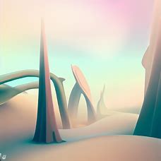 Create an abstract landscape with a pastel background and unique structures in the foreground