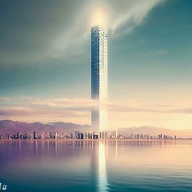 Imagine a majestic skyscraper floating effortlessly above the sparkling waters of a salt lake city. Image 2 of 4