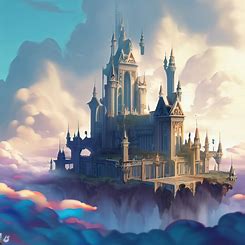 Showcase a grand and imposing castle floating in the clouds, with a fantastical and whimsical design.