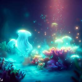 Create a dreamlike underwater scene with glowing sea creatures and coral reefs.