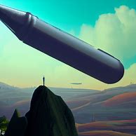 Generate a surreal landscape where a giant pen floats in the sky.