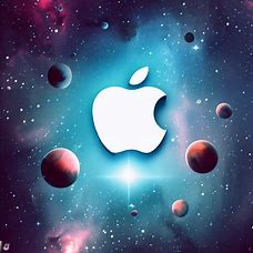 Create an image of an apple icon in space, surrounded by stars and planets.