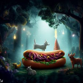 How would a hot dog look if it was part of an enchanted forest scene? Can you add some magical creatures like unicorns, dragons, and fairies to enhance the enchanting atmosphere?. Image 3 of 4
