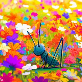 Draw a cricket surrounded by a field of vibrant, blooming flowers. Image 4 of 4