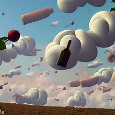 Create a surreal landscape filled with wine-filled clouds, floating corks and vines twisting into the sky.