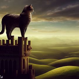 Create an image of a majestic cat standing atop a castle, gazing over a kingdom of rolling hills.. Image 4 of 4
