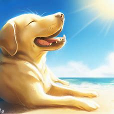 Draw a Labrador dog enjoying a sunny day at the beach.