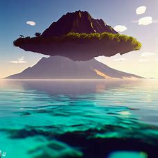 Render a surreal and floating island with crystal clear waters and a volcano in the background, perfect for a tropical vacation.