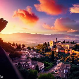 Imaginate a beautiful sunset over Granada, Spain with a stunning view from the Alhambra palace.. Image 2 of 4