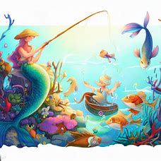 D. "Draw a harmonious underwater scene with a serene mermaid, fisherman, and colorful sea creatures all fishing in peace