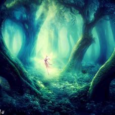 An enchanting magical forest with a fairy running through it.