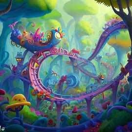 Design a whimsical roller coaster that winds its way through a magical forest filled with colorful creatures and fanciful landscapes.. Image 3 of 4