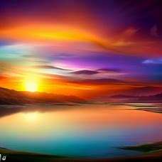 Create an image of a breathtaking sunset over a serene lake, with a colorful landscape in the foreground as a desktop wallpaper