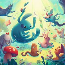 Illustrate a whimsical scene of different creatures playing various games