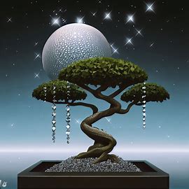 Design a surreal bonsai tree with a floating, diamond-studded moon in the background.. Image 2 of 4