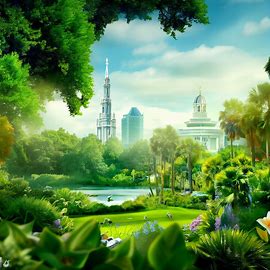 Create an idyllic scene of Orlando, Florida with lush greenery and iconic landmarks in the background.. Image 4 of 4