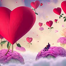 Create an image of a whimsical, romantic valentine scene, complete with floating hearts, towering flowers, and a cozy couple.