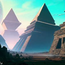 Imagine a futuristic world where towering pyramids rise from the ruins of an ancient civilization