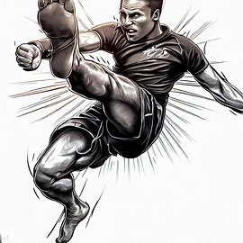 Illustrate a fierce muay thai fighter executing a flying knee strike in epic detail.. Image 2 of 4