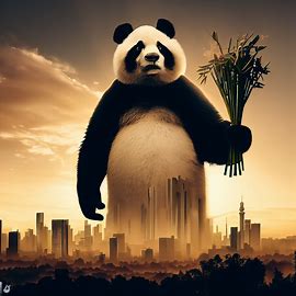 Create an image of a panda towering over a city skyline while holding a bouquet of bamboo.. Image 3 of 4