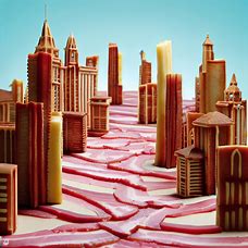 Create an image of a cityscape made entirely of meat products, such as cured ham buildings and bacon sidewalks