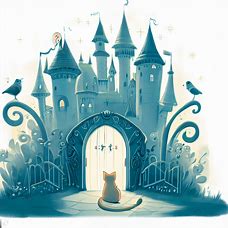 Design a whimsical and enchanted castle with a cat at its gate, watching over the kingdom.