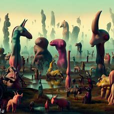 Create a surreal landscape filled with a collection of strange and unusual creatures, each one with its own unique and peculiar appearance.