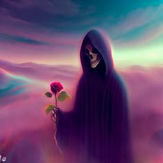 Visualize a surreal and dreamy world where the grim reaper is holding a rose and looking peaceful and not frightening