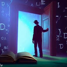 Illustrate a surreal image of a person opening a mysterious door and finding the definition of D