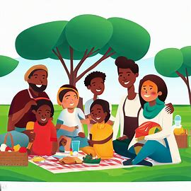 Create an illustration of a multicultural family enjoying a picnic in a park.. Image 1 of 4