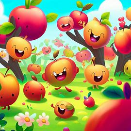 Illustrate a whimsical, cartoonish apple garden filled with bouncing, happy apples.. Image 4 of 4
