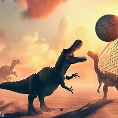 Think of a world where giant, extinct creatures like dinosaurs playing a heated volleyball game