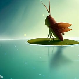 Illustrate a cricket standing at the edge of a lily pad while gazing into a calm pond.. Image 2 of 4