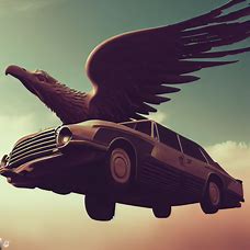 A car shaped like a giant eagle soaring through the sky.
