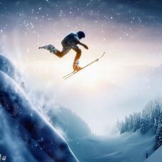Create an image of a skier gracefully leaping off a snowy cliff and soaring through the air, surrounded by a stunning winter wonderland.