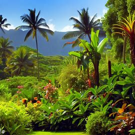 Depict a tropical paradise scene with lush vegetation and exotic wildlife on the island of Kauai.. Image 4 of 4
